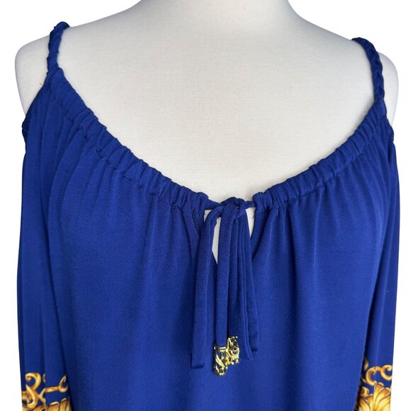 Vintage Cache Blue & Gold Baroque Pattern Cold Shoulder Blouse Size Medium - Picture 3 of 10